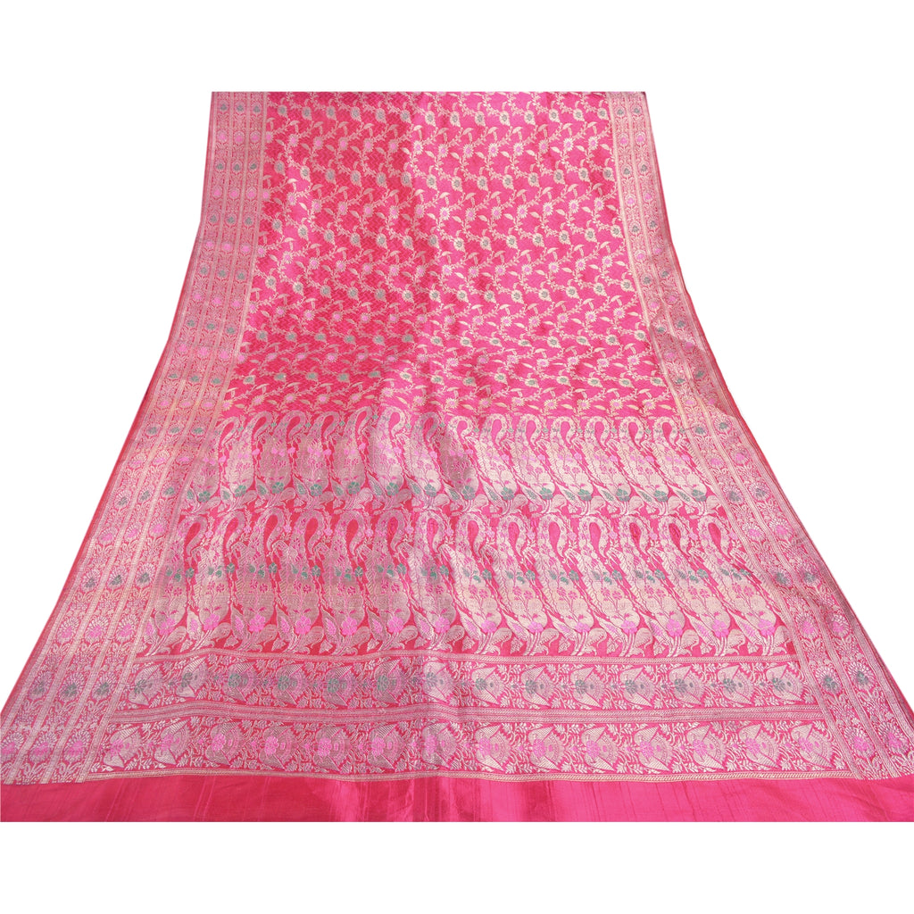 Sanskriti Vintage Saree Indian Sarees Satin Pink Woven Wedding Brocade/Banarasi Sarees Fabric 5YD Craft Sari Upcycled Sarongs Scarves