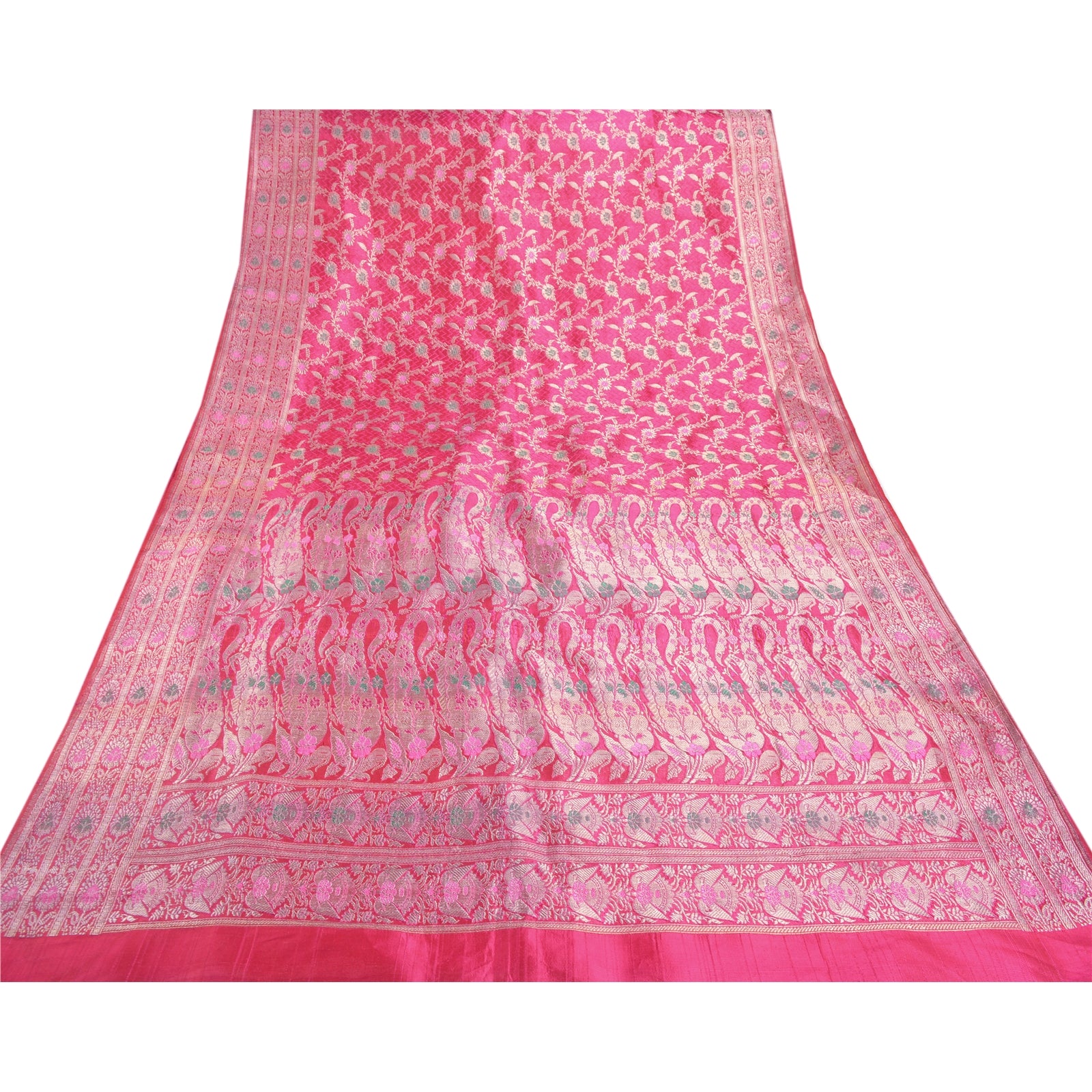 Sanskriti Vintage Saree Indian Sarees Satin Pink Woven Wedding Brocade/Banarasi Sarees Fabric 5YD Craft Sari Upcycled Sarongs Scarves