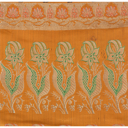 Sanskriti Vintage Soft Mustard Pure Satin Silk Saree Banarasi Brocade Zari Hand-Woven 5yd