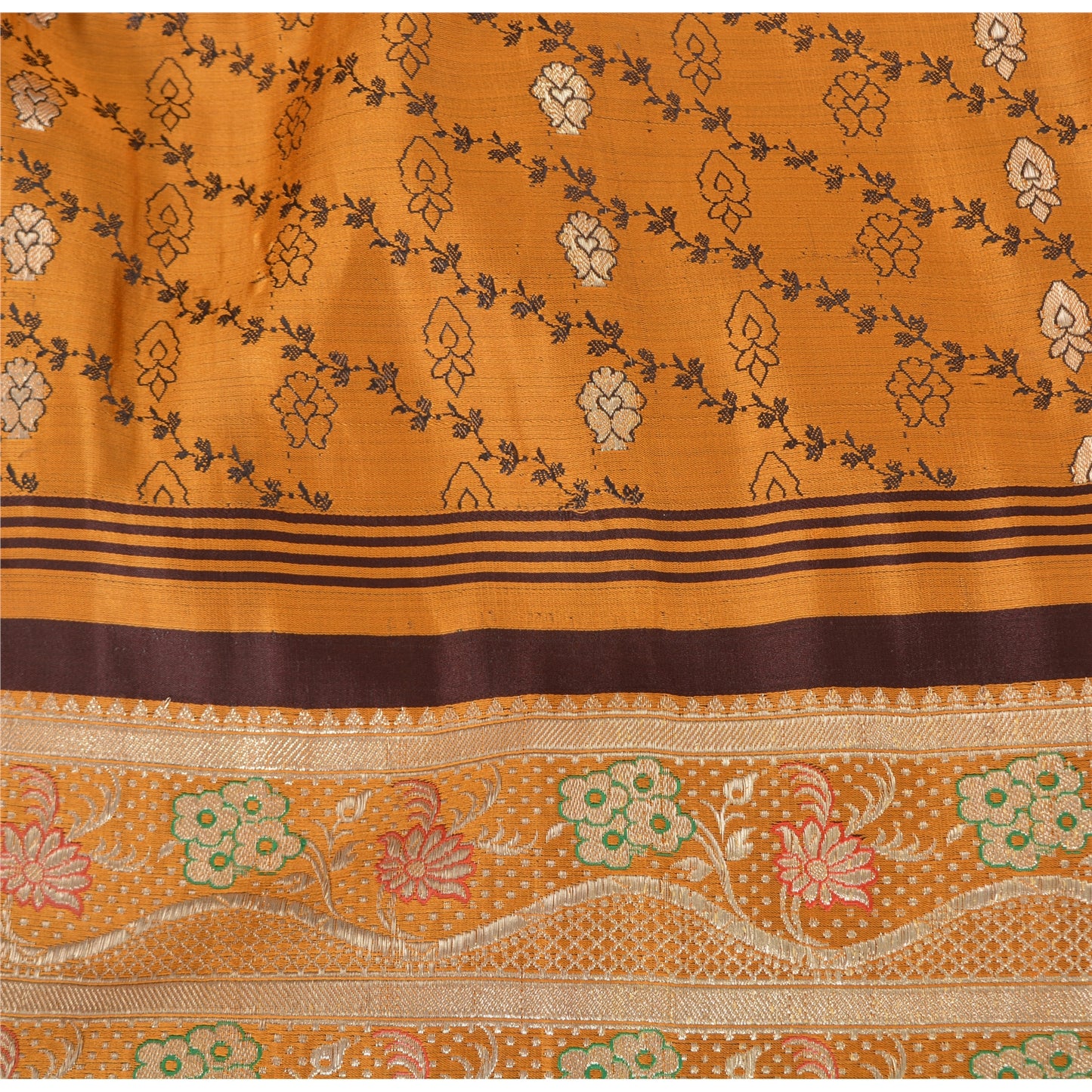 Sanskriti Vintage Mustard Sarees 100% Pure Satin Silk Woven Brocade Sari Fabric
