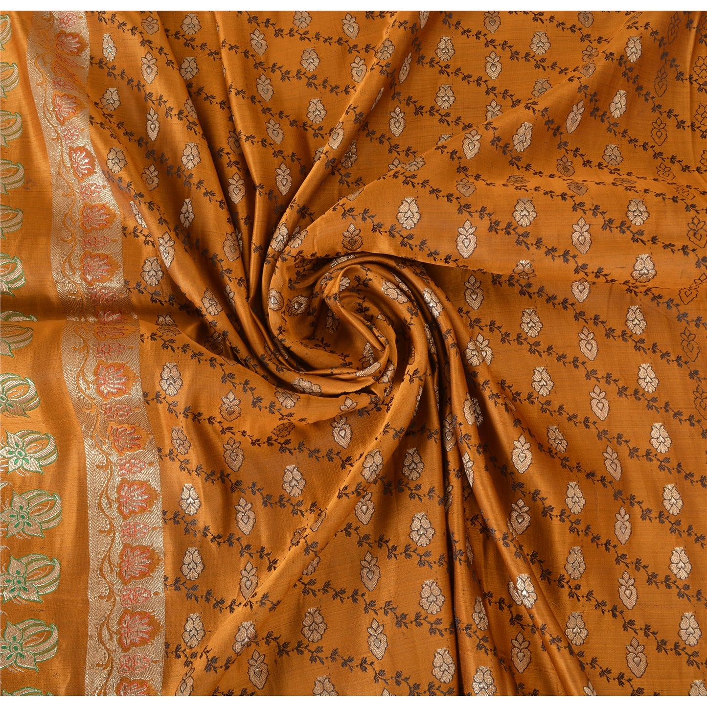 Sanskriti Vintage Mustard Sarees 100% Pure Satin Silk Woven Brocade Sari Fabric