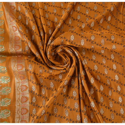 Sanskriti Vintage Mustard Sarees 100% Pure Satin Silk Woven Brocade Sari Fabric