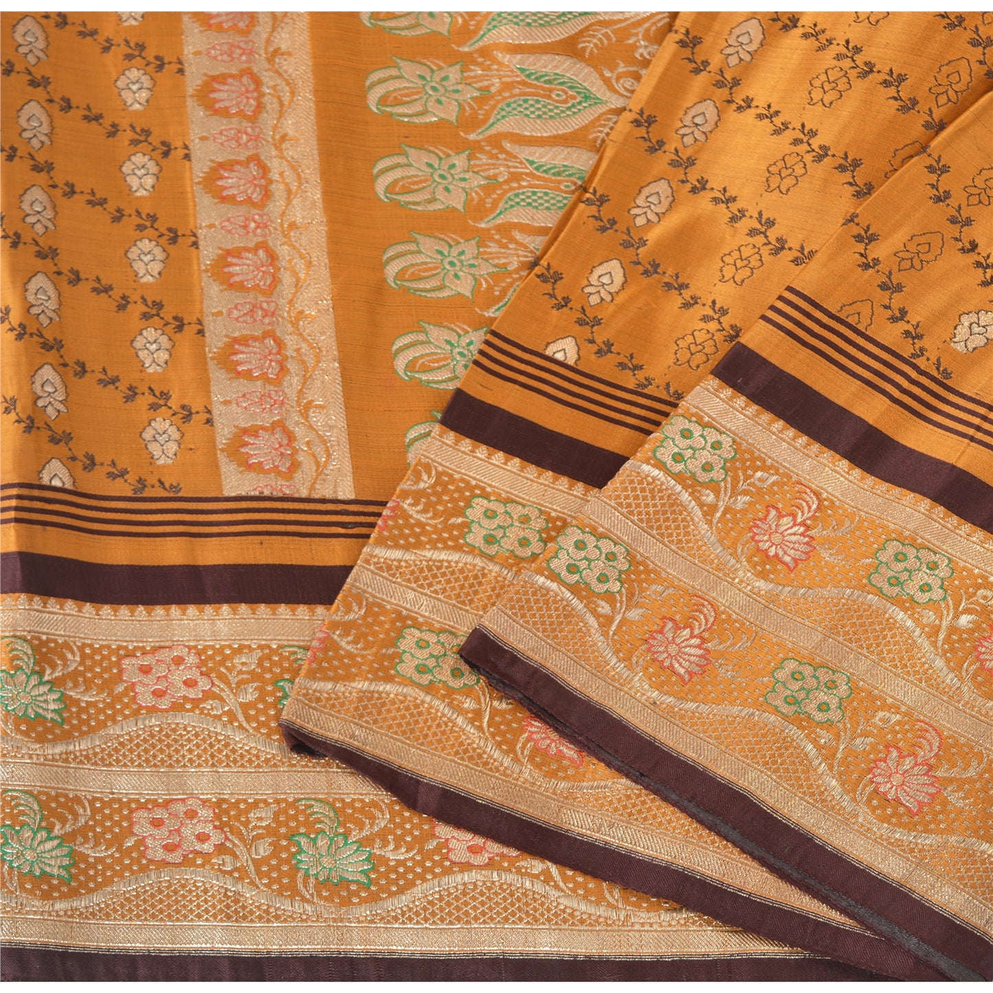 Sanskriti Vintage Soft Mustard Pure Satin Silk Saree Banarasi Brocade Zari Hand-Woven 5yd