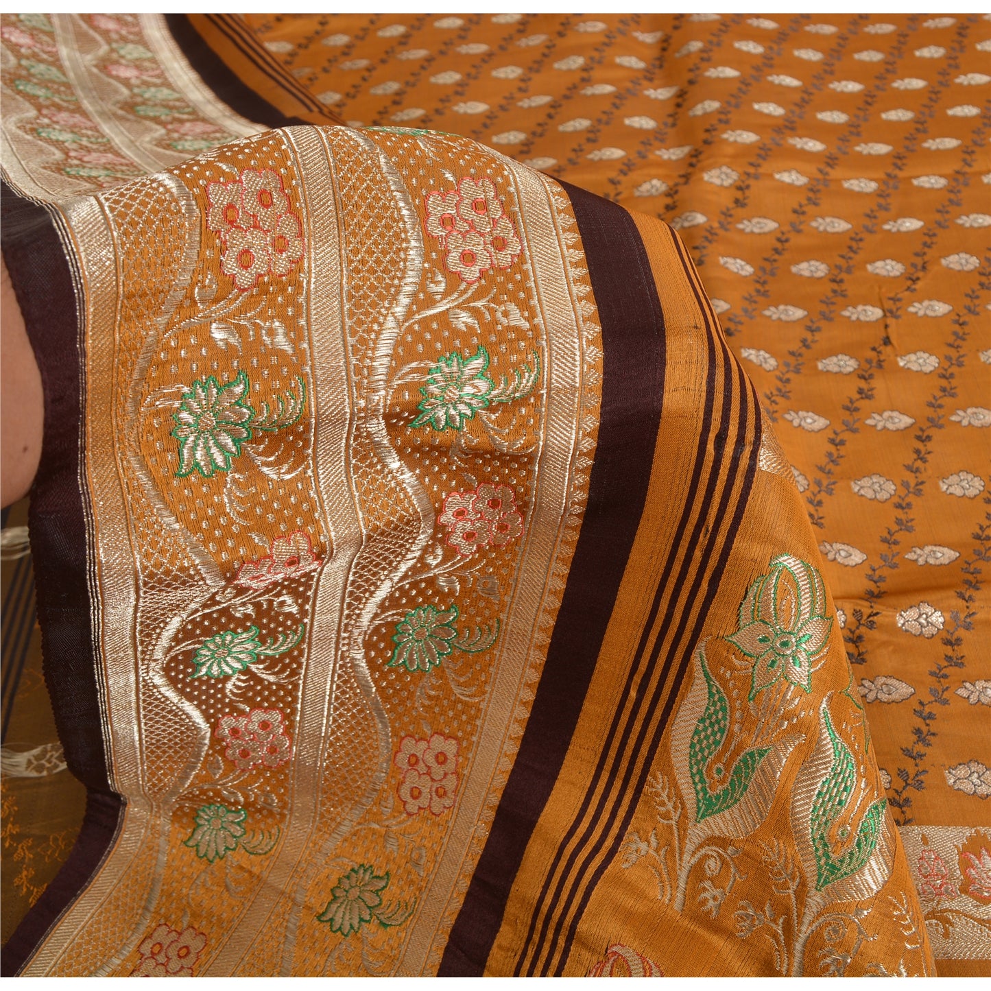 Sanskriti Vintage Mustard Sarees 100% Pure Satin Silk Woven Brocade Sari Fabric