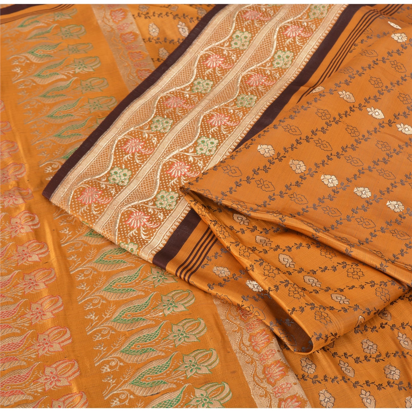 Sanskriti Vintage Mustard Sarees 100% Pure Satin Silk Woven Brocade Sari Fabric