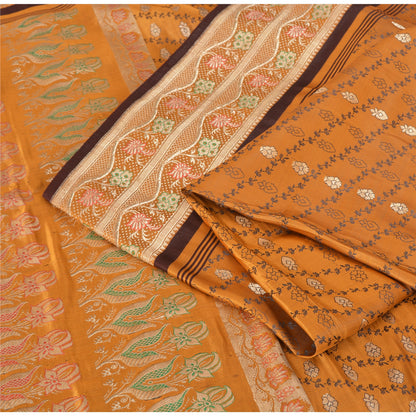 Sanskriti Vintage Soft Mustard Pure Satin Silk Saree Banarasi Brocade Zari Hand-Woven 5yd