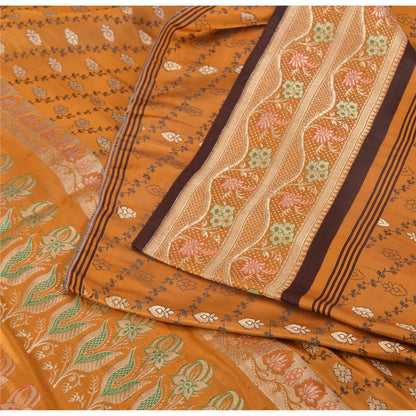 Sanskriti Vintage Mustard Sarees 100% Pure Satin Silk Woven Brocade Sari Fabric