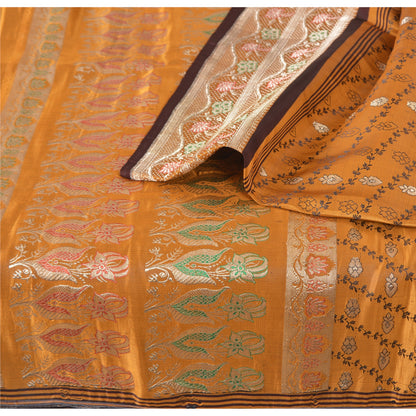 Sanskriti Vintage Mustard Sarees 100% Pure Satin Silk Woven Brocade Sari Fabric