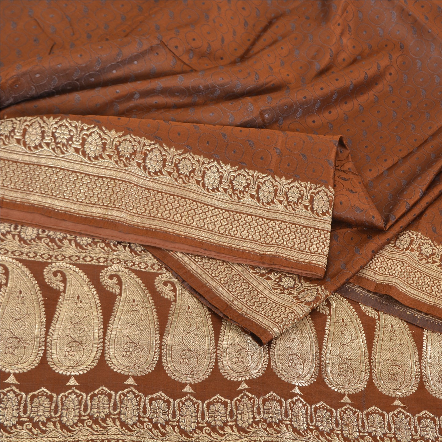 Sanskriti Vintage Brown Sarees Pure Satin Silk Woven BanarasiBrocade Sari Fabric
