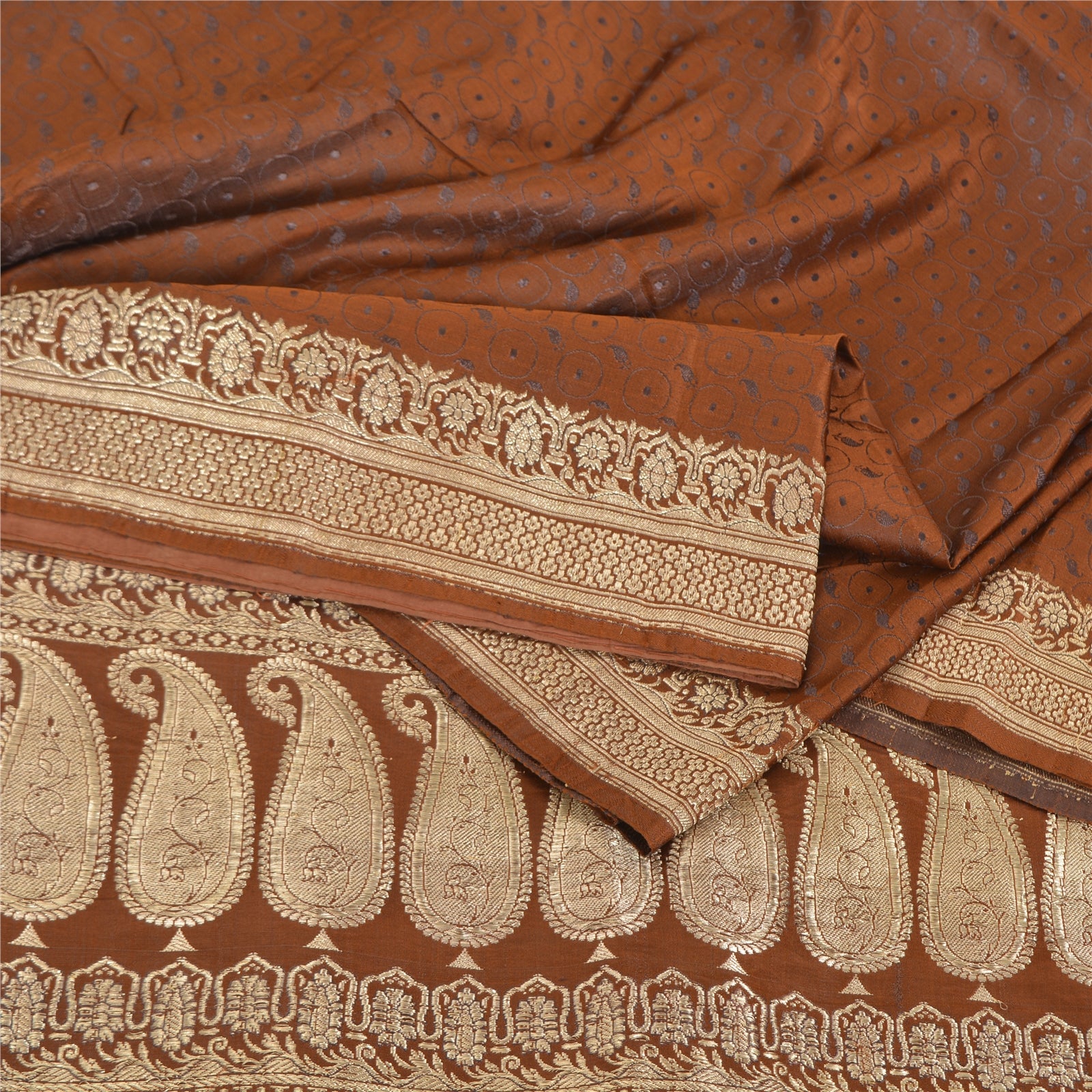 Sanskriti Vintage Sari 100% Pure Satin Silk Brocade Saree: Brown Zari Hand Woven Banarasi Of India Saree Fabric 5yd Boho DIY Projects