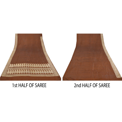 Sanskriti Vintage Brown Sarees Pure Satin Silk Woven BanarasiBrocade Sari Fabric