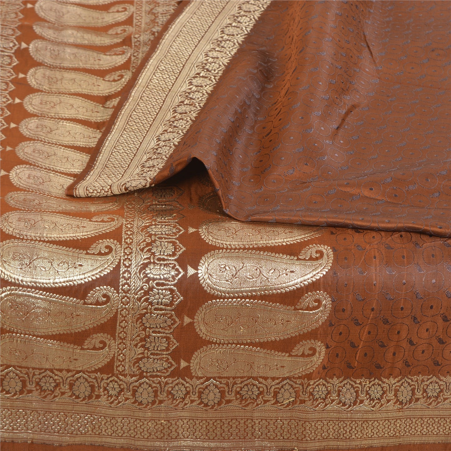 Sanskriti Vintage Brown Sarees Pure Satin Silk Woven BanarasiBrocade Sari Fabric