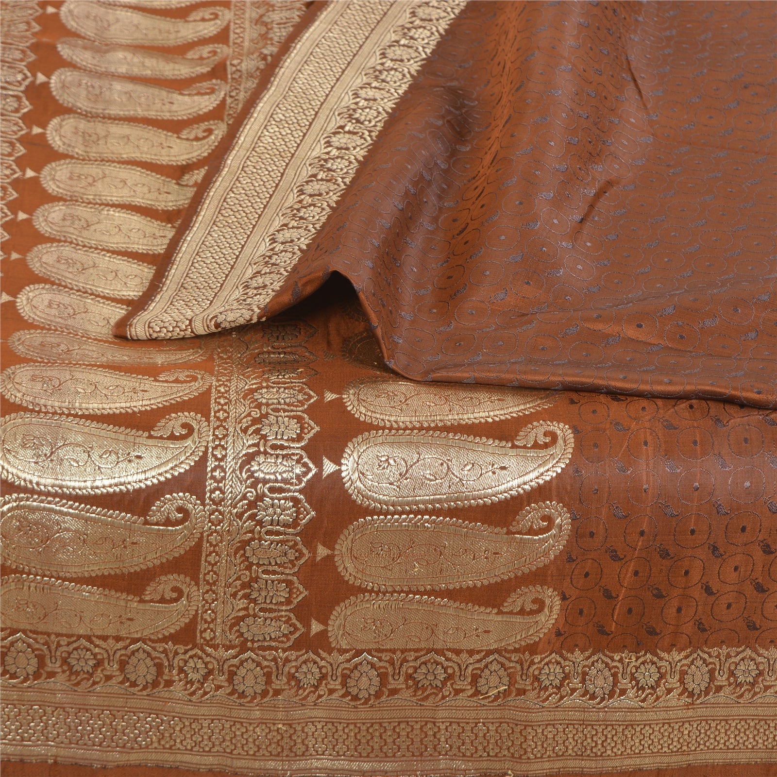 Sanskriti Vintage Sari 100% Pure Satin Silk Brocade Saree: Brown Zari Hand Woven Banarasi Of India Saree Fabric 5yd Boho DIY Projects