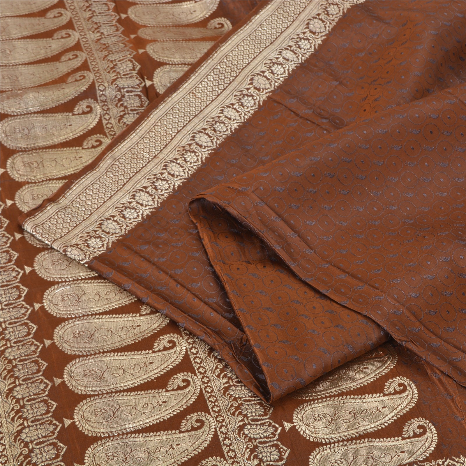Sanskriti Vintage Sari 100% Pure Satin Silk Brocade Saree: Brown Zari Hand Woven Banarasi Of India Saree Fabric 5yd Boho DIY Projects
