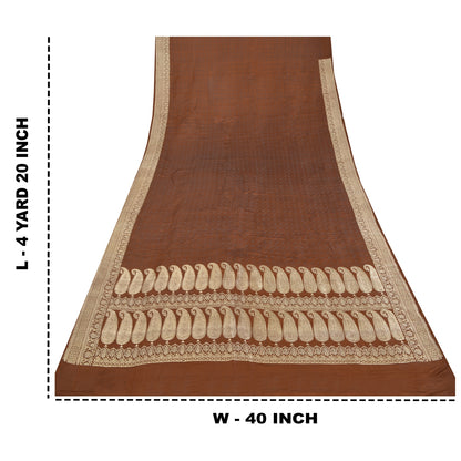 Sanskriti Vintage Brown Sarees Pure Satin Silk Woven BanarasiBrocade Sari Fabric