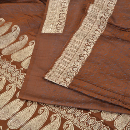Sanskriti Vintage Brown Sarees Pure Satin Silk Woven BanarasiBrocade Sari Fabric