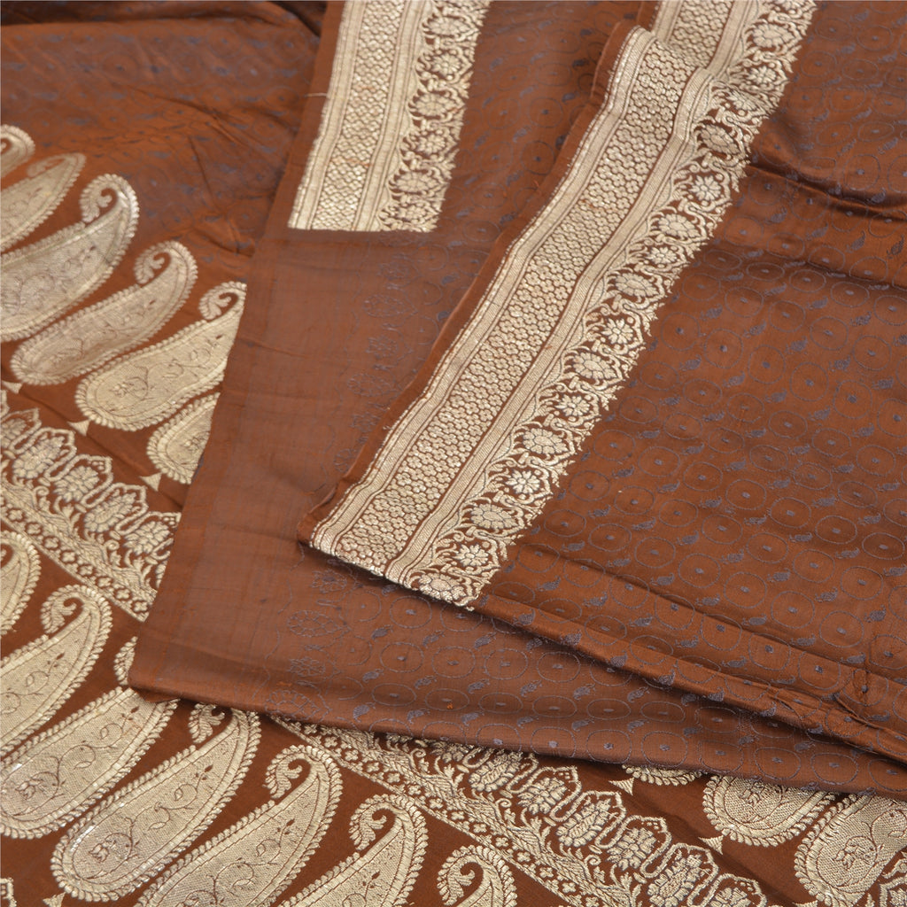 Sanskriti Vintage Sari 100% Pure Satin Silk Brocade Saree: Brown Zari Hand Woven Banarasi Of India Saree Fabric 5yd Boho DIY Projects