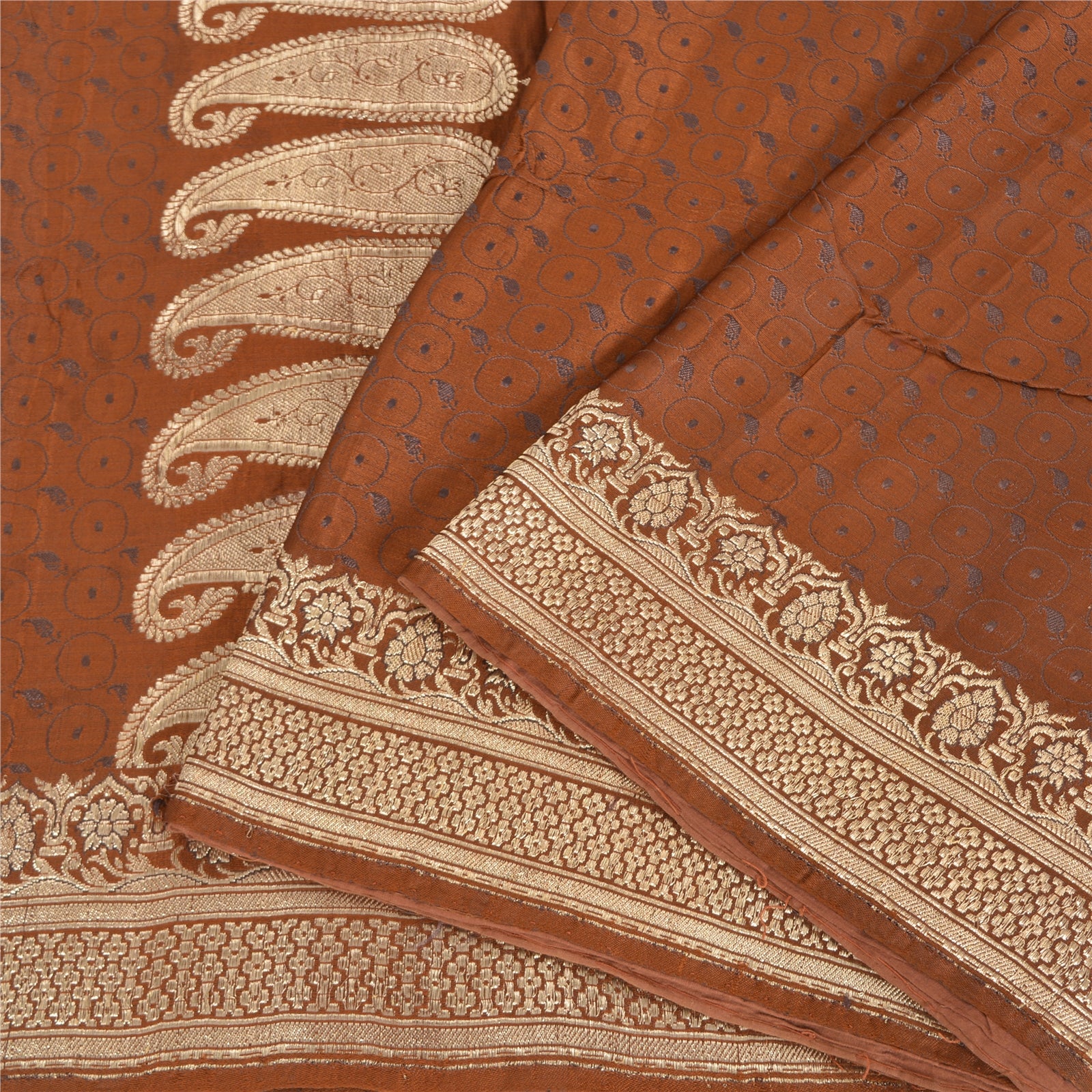 Sanskriti Vintage Sari 100% Pure Satin Silk Brocade Saree: Brown Zari Hand Woven Banarasi Of India Saree Fabric 5yd Boho DIY Projects