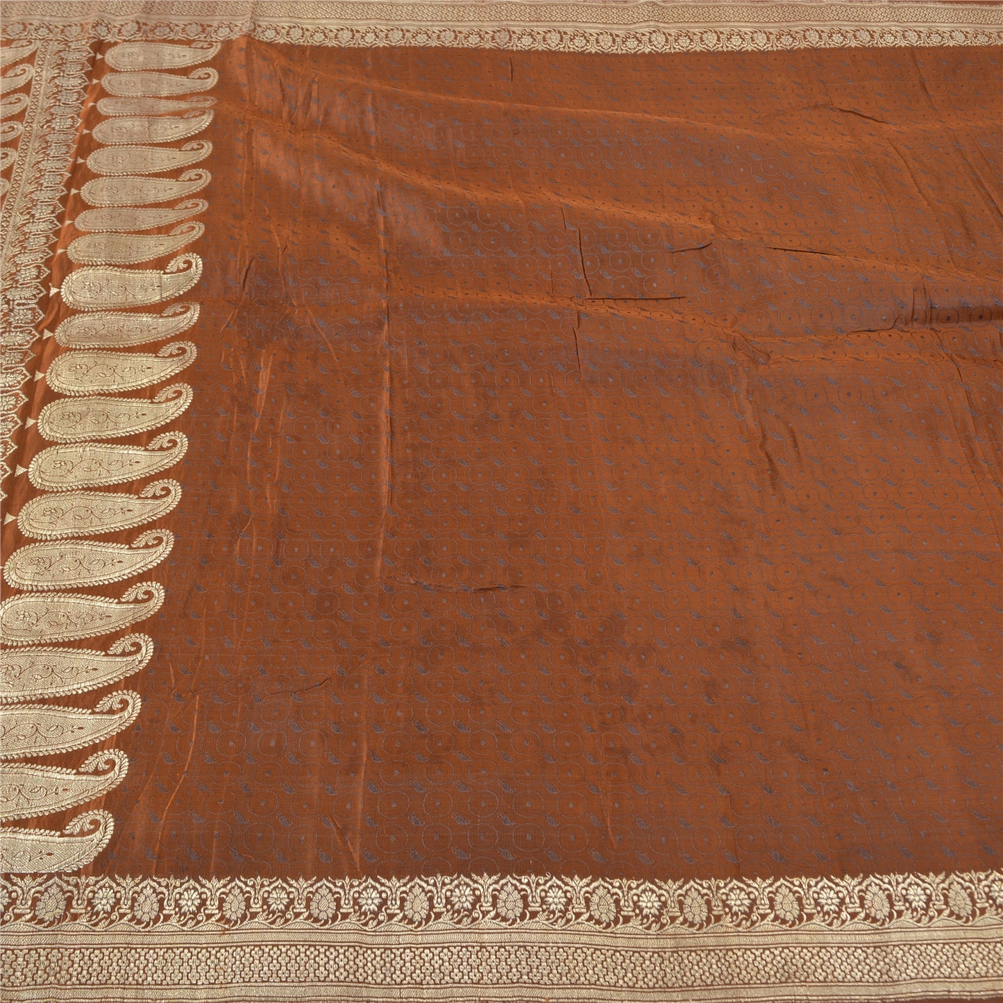 Sanskriti Vintage Brown Sarees Pure Satin Silk Woven BanarasiBrocade Sari Fabric