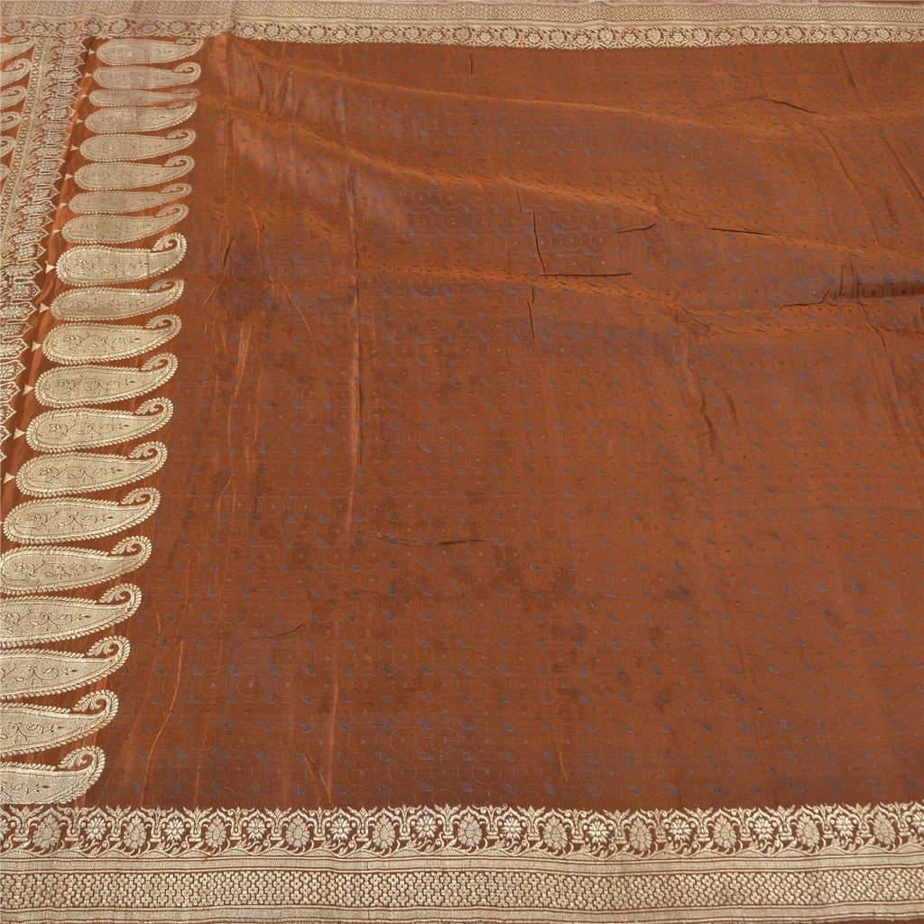 Sanskriti Vintage Sari 100% Pure Satin Silk Brocade Saree: Brown Zari Hand Woven Banarasi Of India Saree Fabric 5yd Boho DIY Projects