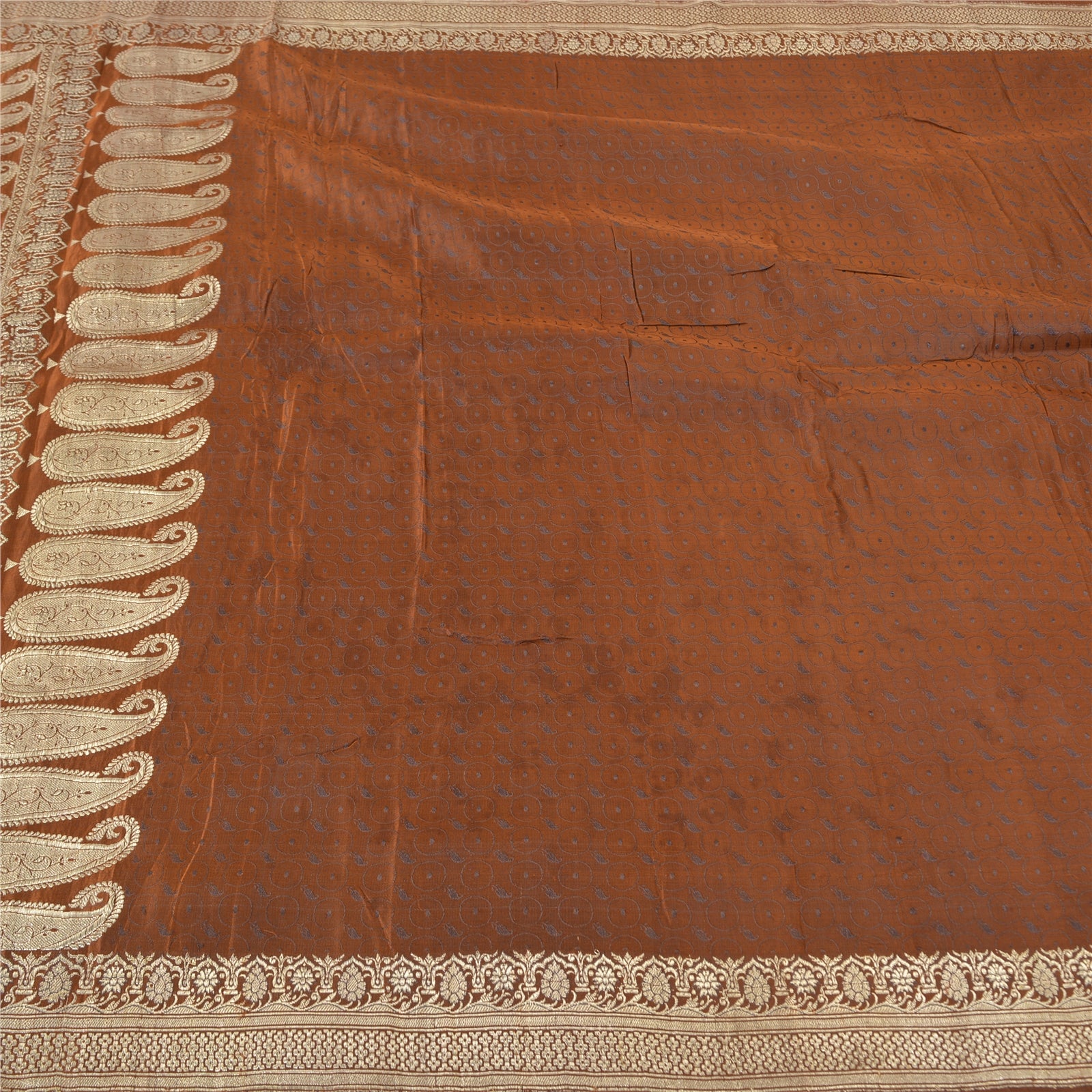 Sanskriti Vintage Sari 100% Pure Satin Silk Brocade Saree: Brown Zari Hand Woven Banarasi Of India Saree Fabric 5yd Boho DIY Projects