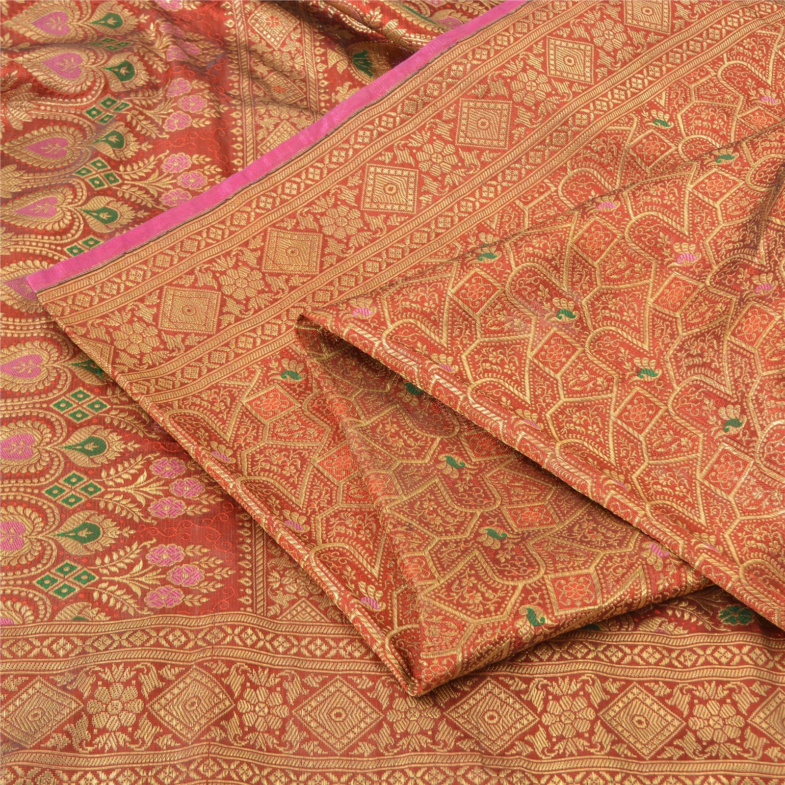 Sanskriti Vintage Orange Sarees Pure Silk Zari Woven Brocade Banaras 4.5YD Craft Fabric