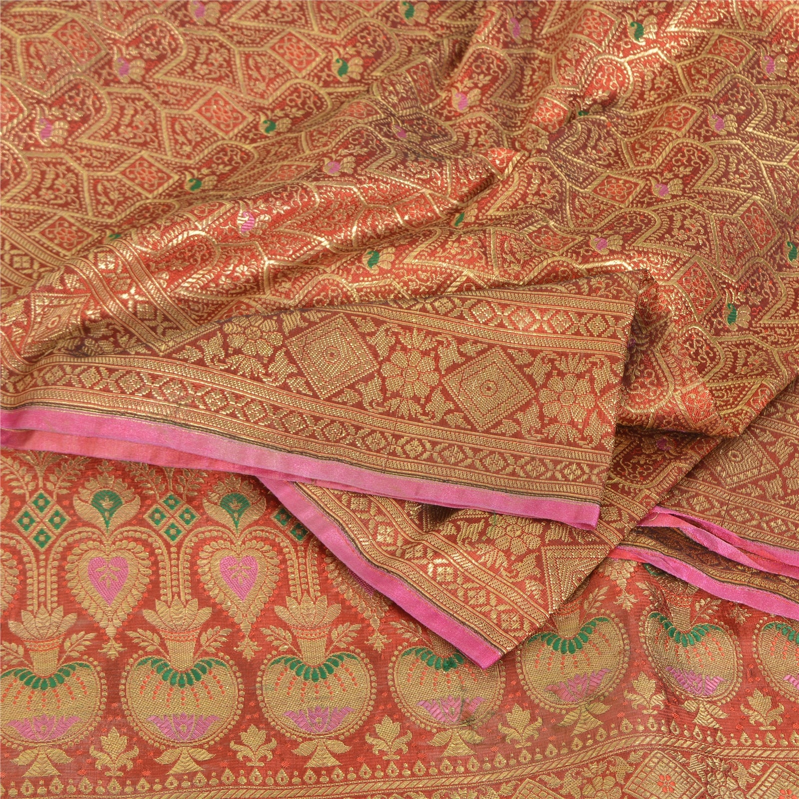 Sanskriti Vintage Orange Sarees Pure Silk Zari Woven Brocade Banaras 4.5YD Craft Fabric