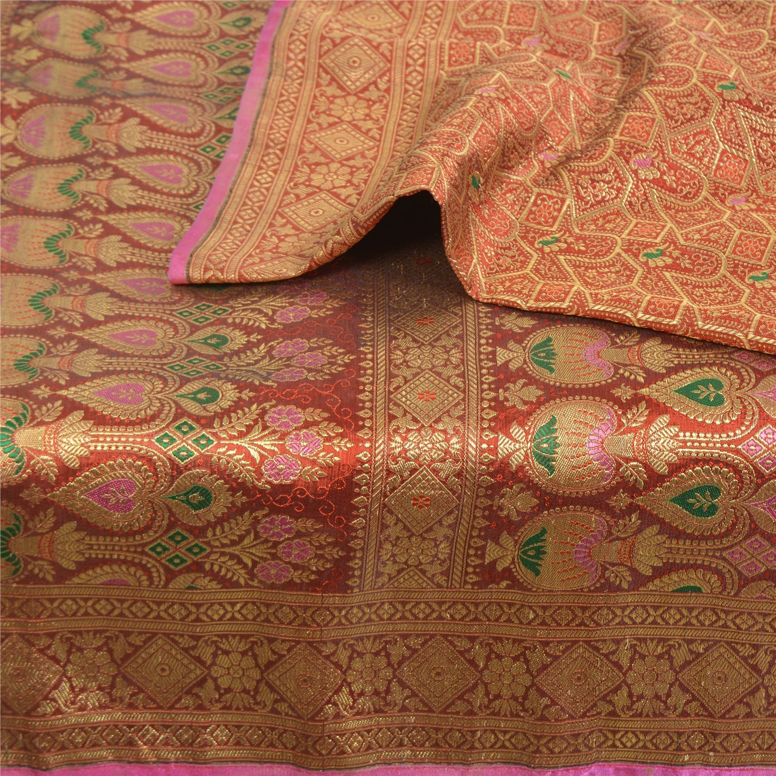 Sanskriti Vintage Orange Sarees Pure Silk Zari Woven Brocade Banaras 4.5YD Craft Fabric