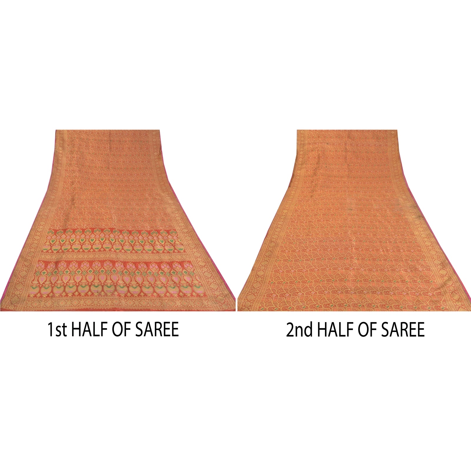 Sanskriti Vintage Orange Sarees Pure Silk Zari Woven Brocade Banaras 4.5YD Craft Fabric