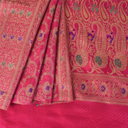 Sanskriti Vintage Pink Sarees Blend Silk Banarasi Zari Woven Brocade Sari Fabric Blouse Piece