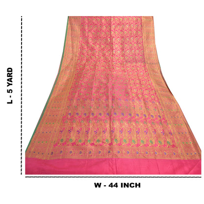Sanskriti Vintage Pink Sarees Blend Silk Banarasi Zari Woven Brocade Sari Fabric Blouse Piece
