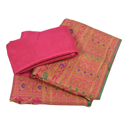 Sanskriti Vintage Pink Sarees Blend Silk Banarasi Zari Woven Brocade Sari Fabric Blouse Piece