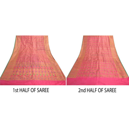 Sanskriti Vintage Pink Sarees Blend Silk Banarasi Zari Woven Brocade Sari Fabric Blouse Piece