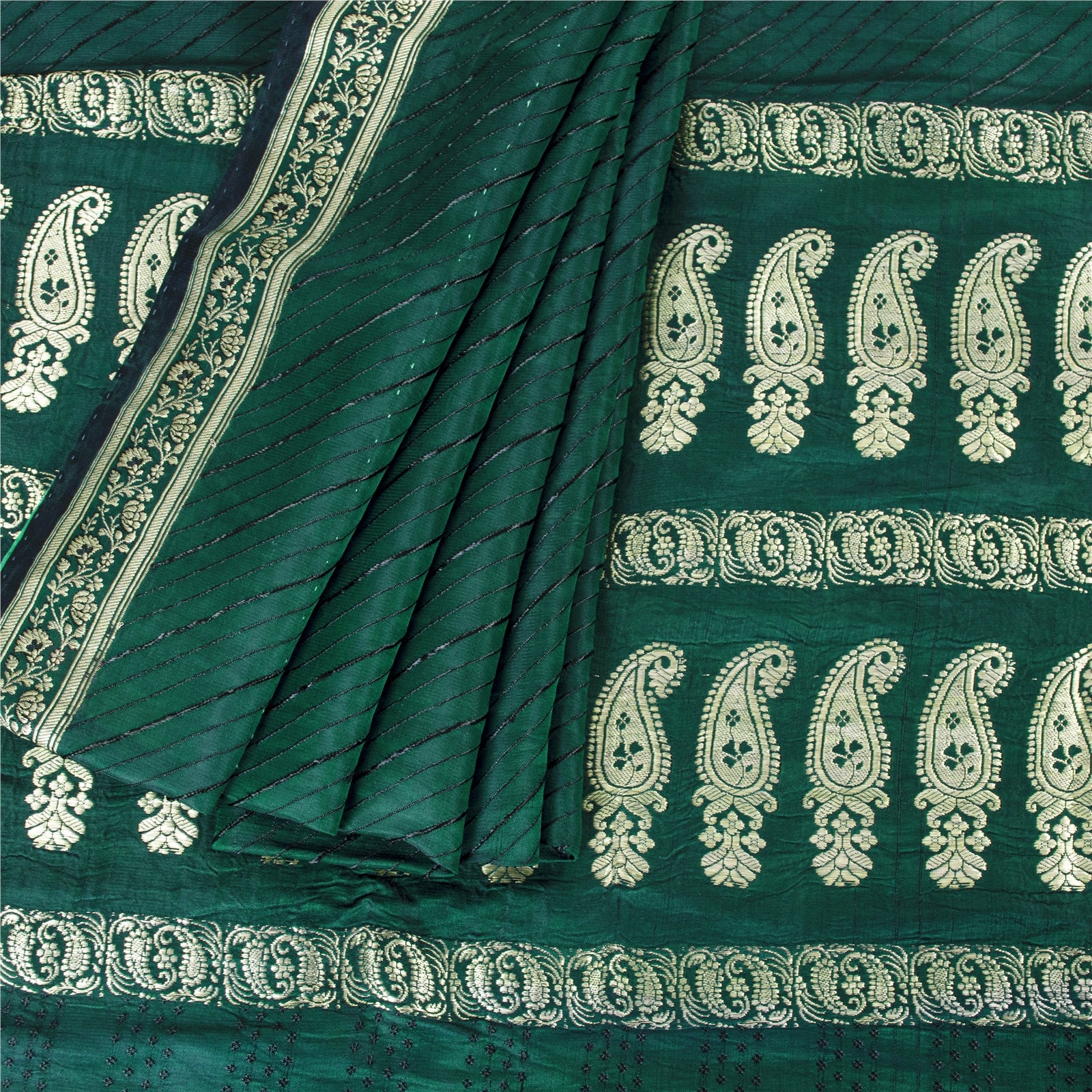 Sanskriti Vintage Saree 100% Pure Satin Silk Green Sarees Brocade/Banarasi Zari Hand Woven 5 YARD Fabric Upcycled Sarongs, Scarves, Stoles