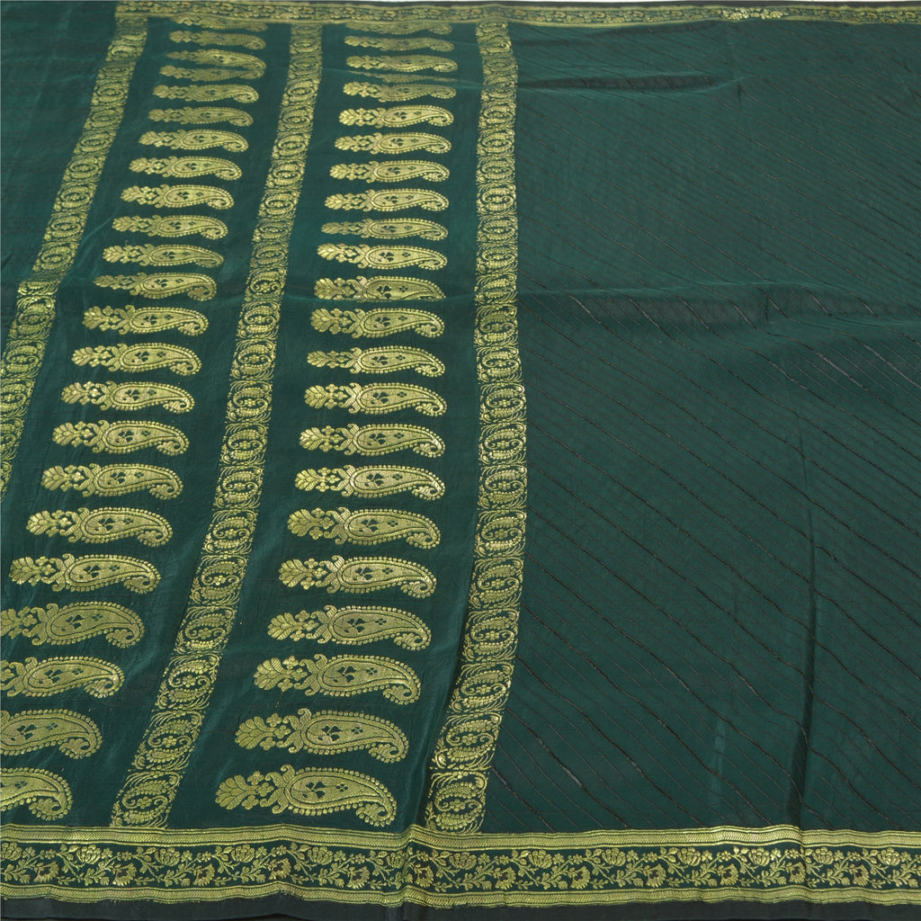 Sanskriti Vintage Saree 100% Pure Satin Silk Green Sarees Brocade/Banarasi Zari Hand Woven 5 YARD Fabric Upcycled Sarongs, Scarves, Stoles