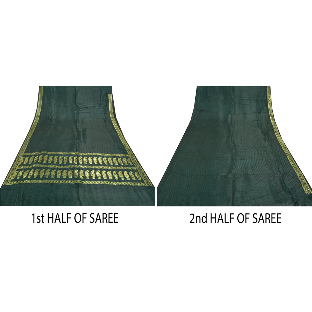 Sanskriti Vintage Saree 100% Pure Satin Silk Green Sarees Brocade/Banarasi Zari Hand Woven 5 YARD Fabric Upcycled Sarongs, Scarves, Stoles