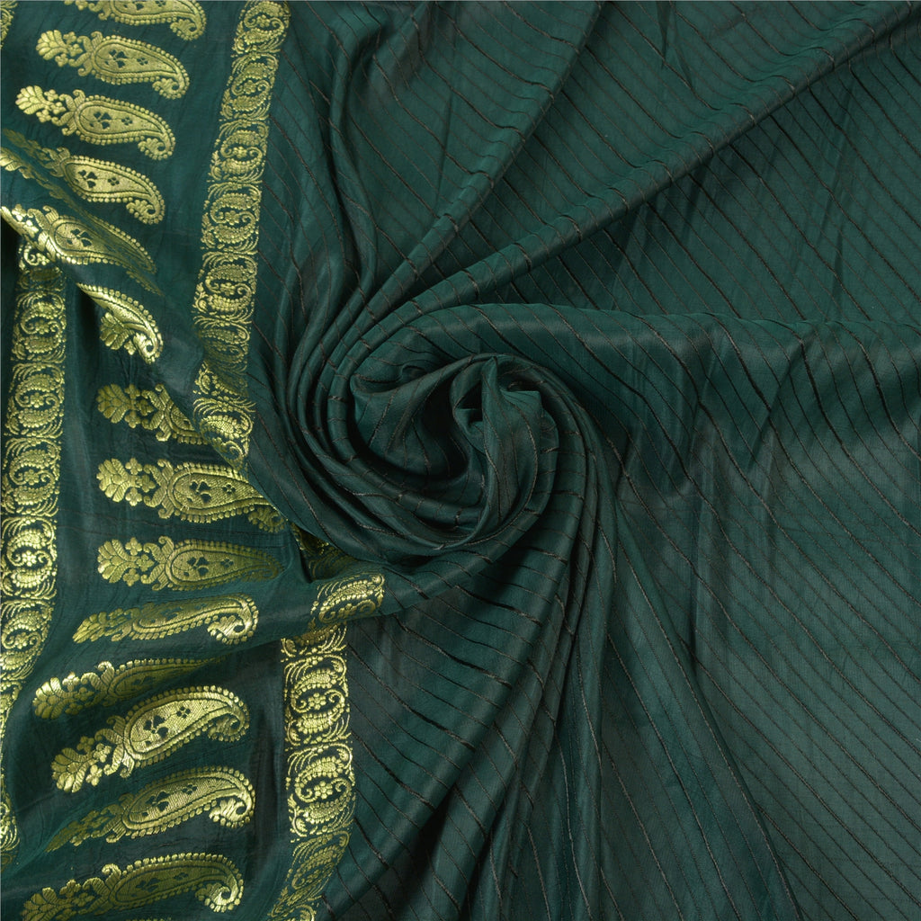 Sanskriti Vintage Saree 100% Pure Satin Silk Green Sarees Brocade/Banarasi Zari Hand Woven 5 YARD Fabric Upcycled Sarongs, Scarves, Stoles