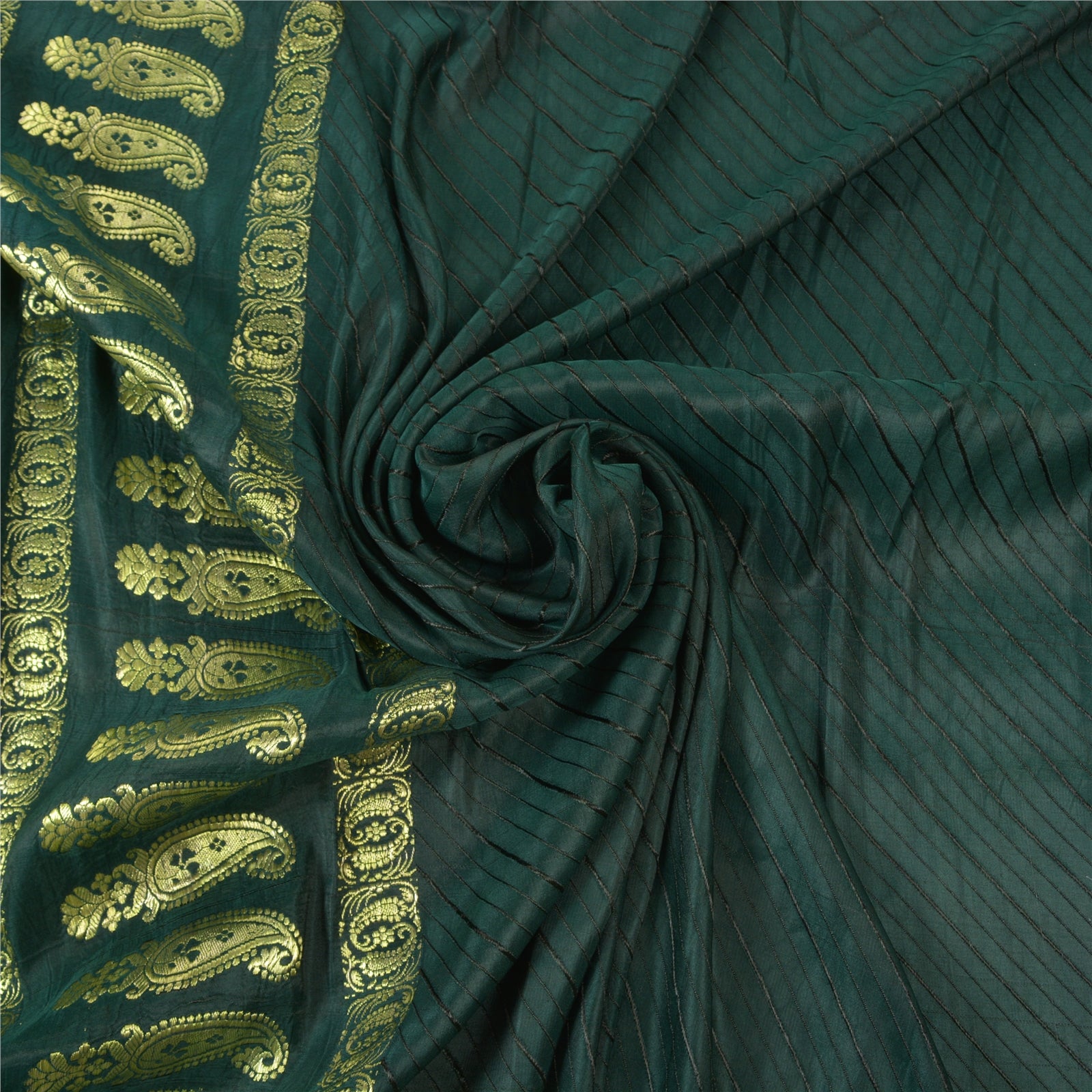 Sanskriti Vintage Saree 100% Pure Satin Silk Green Sarees Brocade/Banarasi Zari Hand Woven 5 YARD Fabric Upcycled Sarongs, Scarves, Stoles