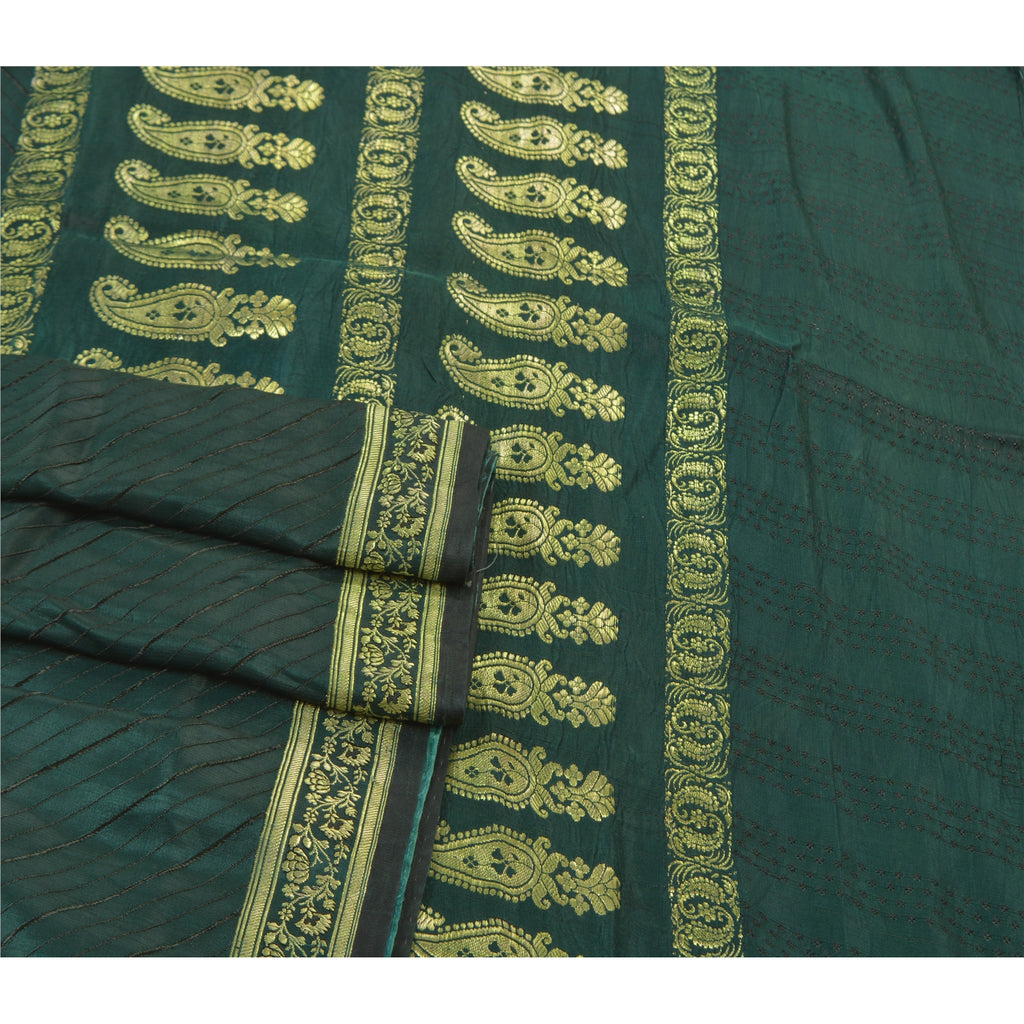 Sanskriti Vintage Saree 100% Pure Satin Silk Green Sarees Brocade/Banarasi Zari Hand Woven 5 YARD Fabric Upcycled Sarongs, Scarves, Stoles