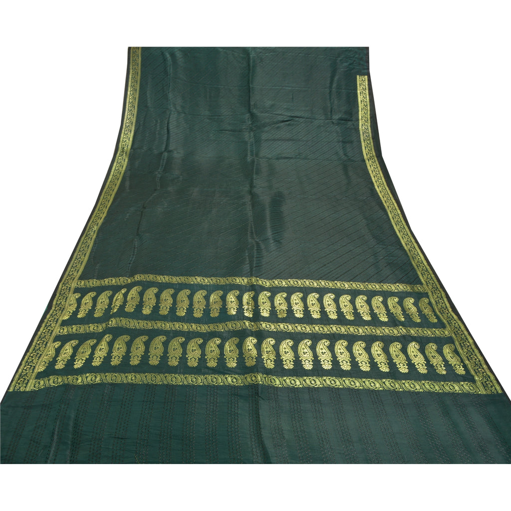 Sanskriti Vintage Saree 100% Pure Satin Silk Green Sarees Brocade/Banarasi Zari Hand Woven 5 YARD Fabric Upcycled Sarongs, Scarves, Stoles