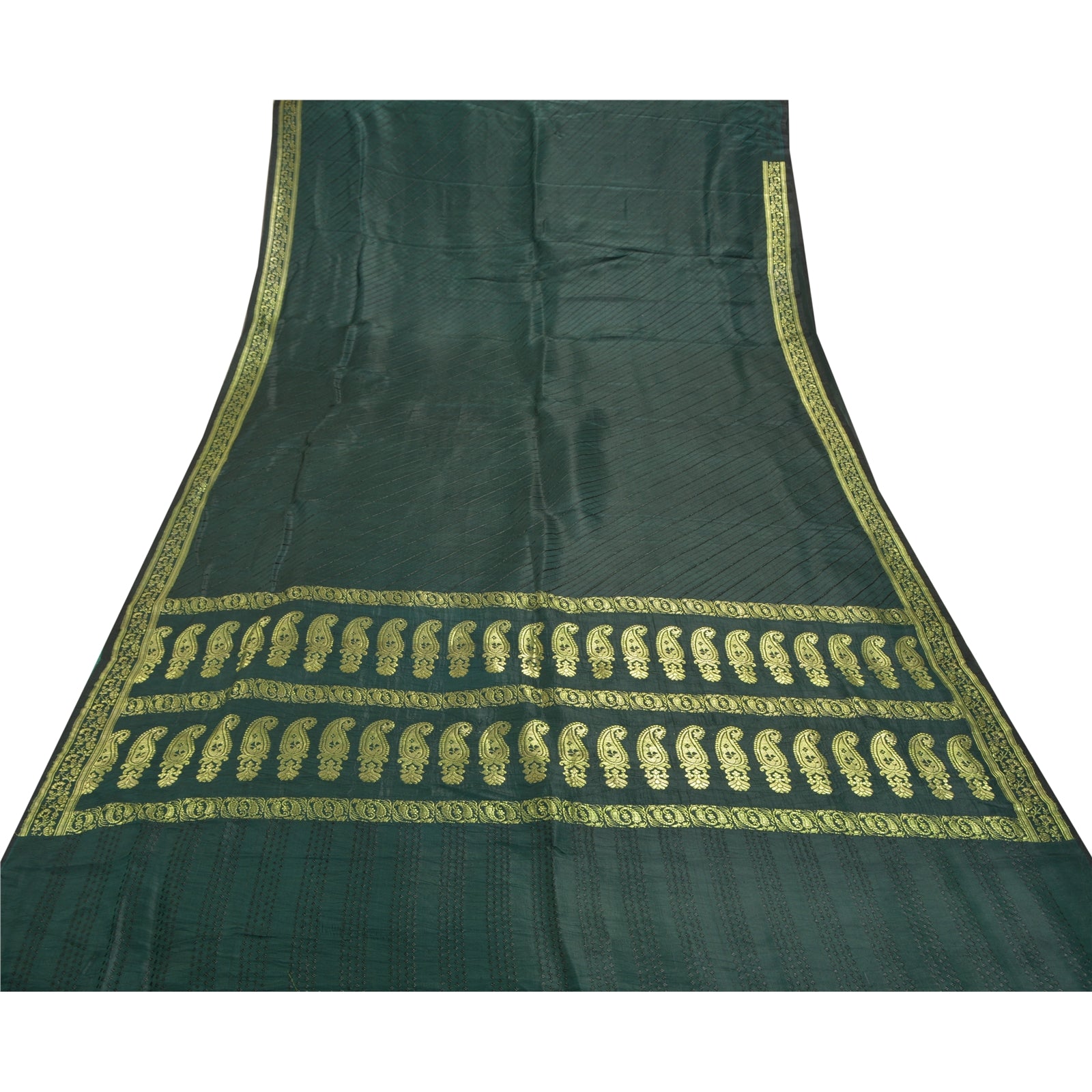 Sanskriti Vintage Saree 100% Pure Satin Silk Green Sarees Brocade/Banarasi Zari Hand Woven 5 YARD Fabric Upcycled Sarongs, Scarves, Stoles