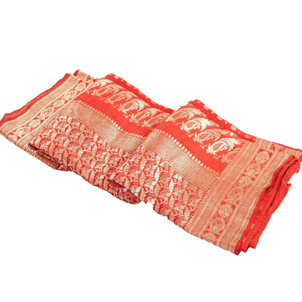 Sanskriti Vintage Red Sarees Pure Satin Zari Woven Brocade Banarasi Sari Fabric