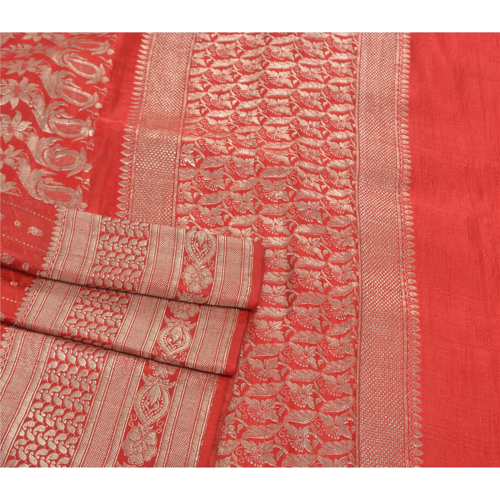 Sanskriti Vintage Red Sarees Pure Satin Zari Woven Brocade Banarasi Sari Fabric