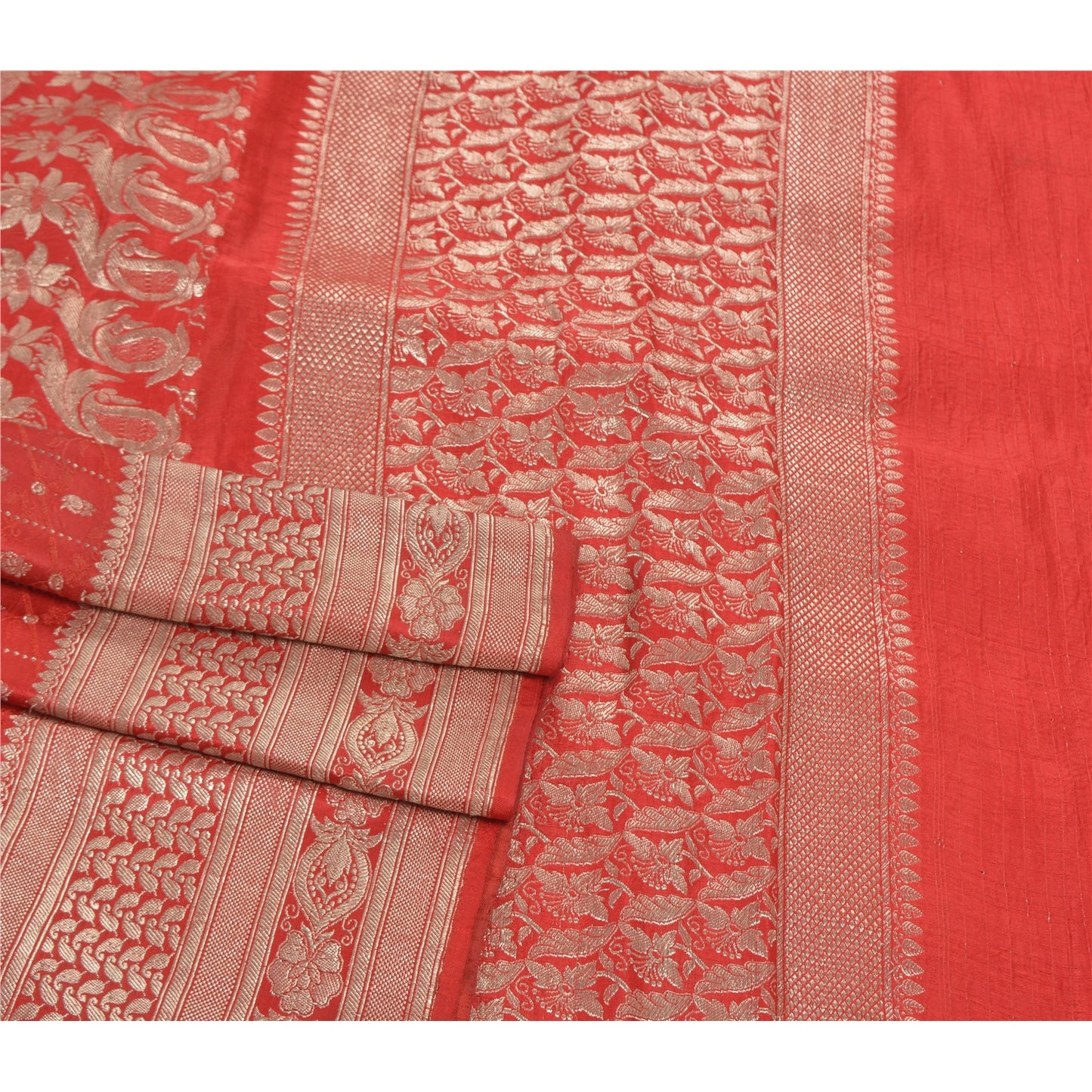 Sanskriti Vintage Red Sarees Pure Satin Zari Woven Brocade Banarasi Sari Fabric