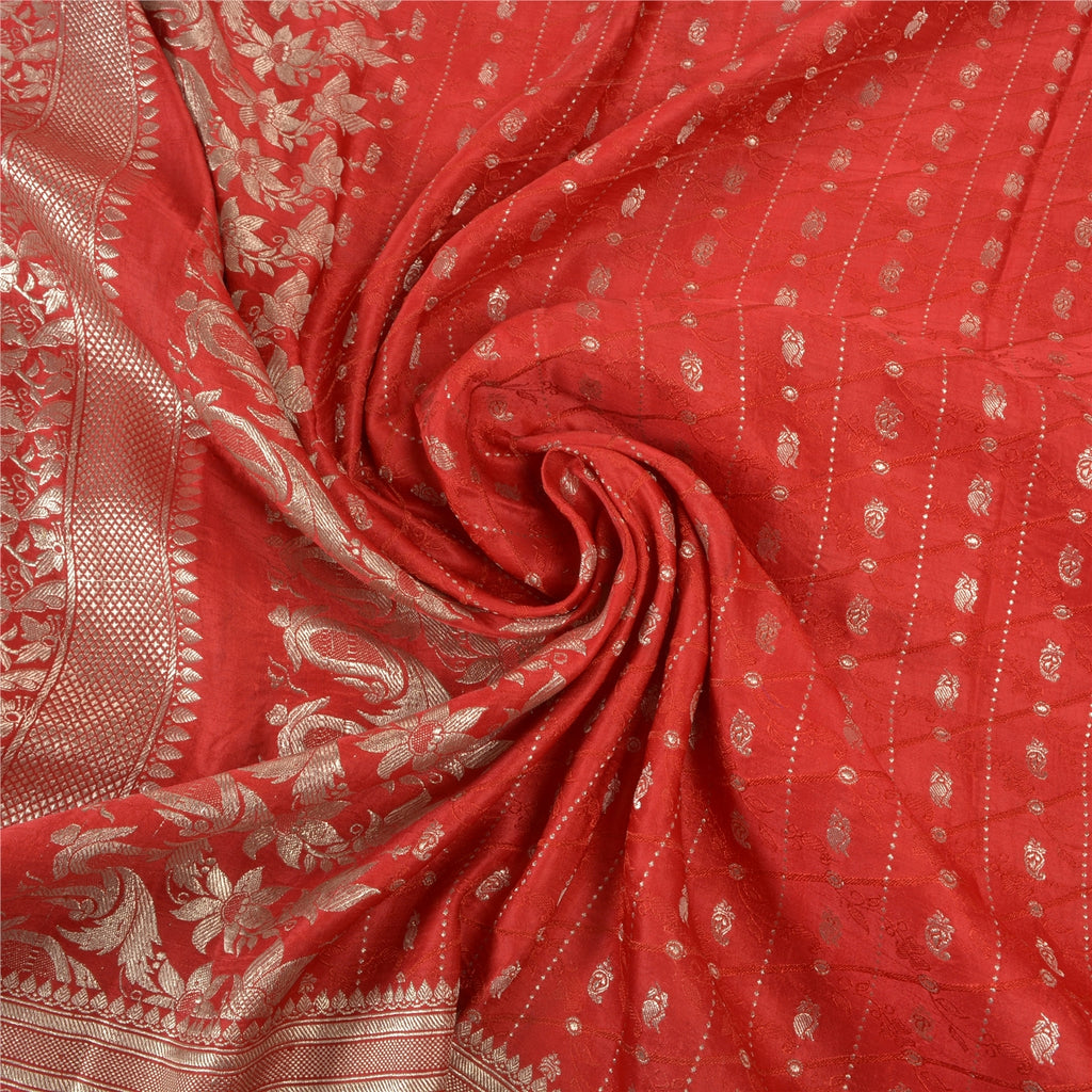 Sanskriti Vintage Red Sarees Pure Satin Zari Woven Brocade Banarasi Sari Fabric