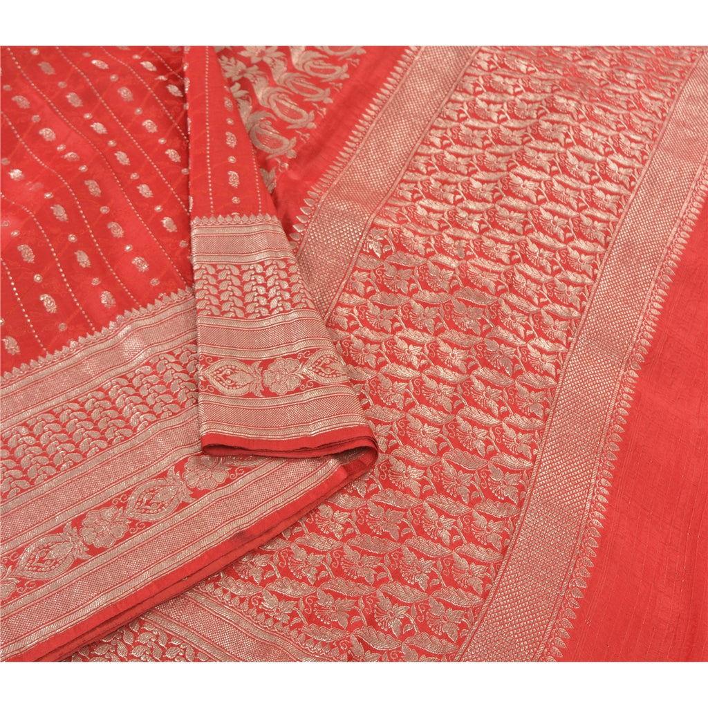 Sanskriti Vintage Red Sarees Pure Satin Zari Woven Brocade Banarasi Sari Fabric