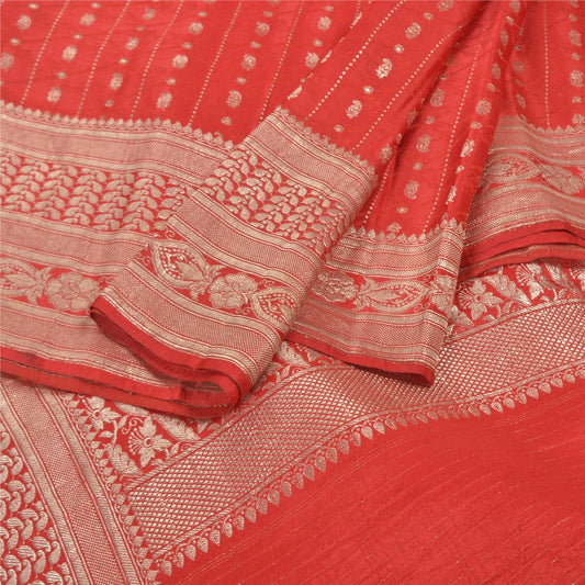 Sanskriti Vintage Red Sarees Pure Satin Zari Woven Brocade Banarasi Sari Fabric