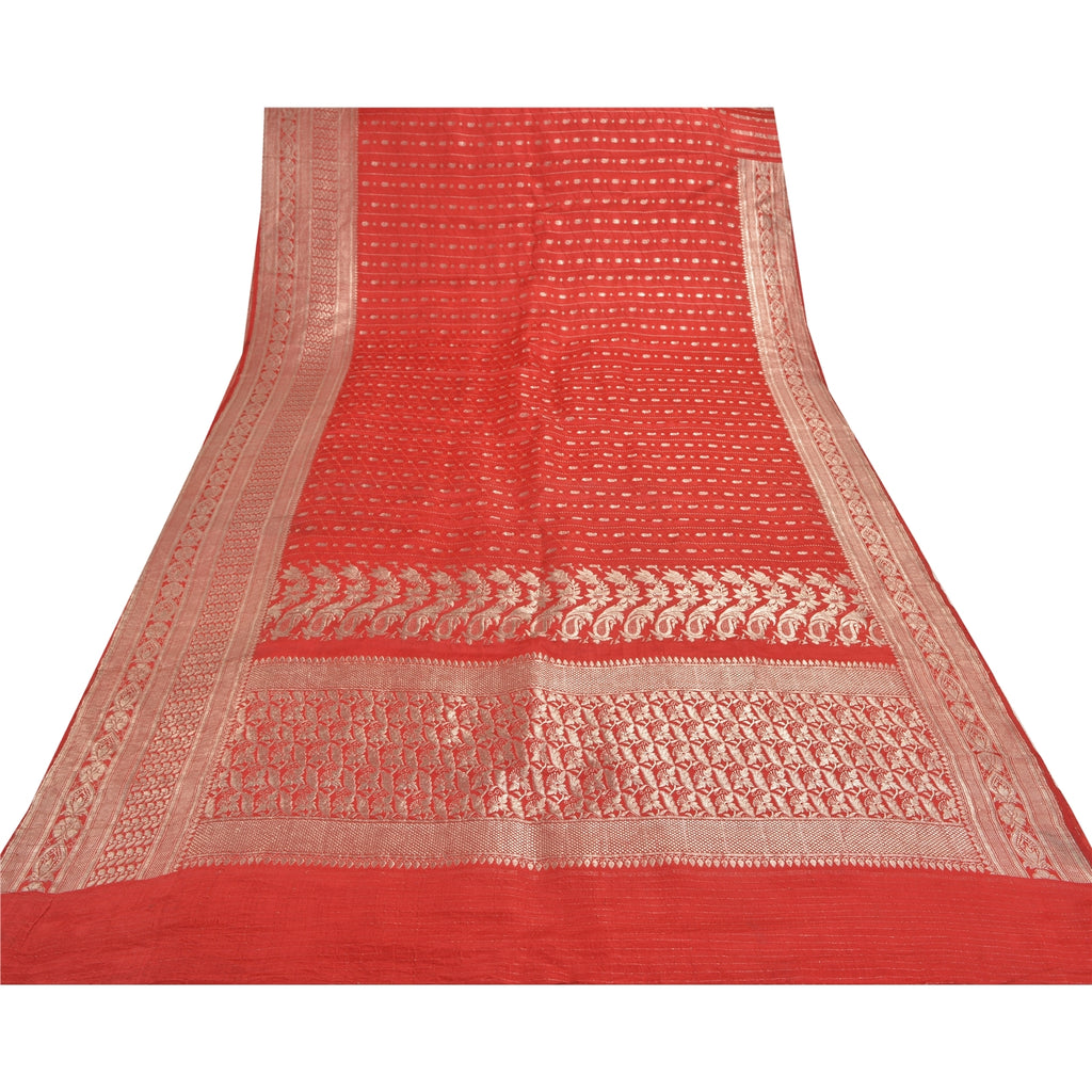 Sanskriti Vintage Red Sarees Pure Satin Zari Woven Brocade Banarasi Sari Fabric