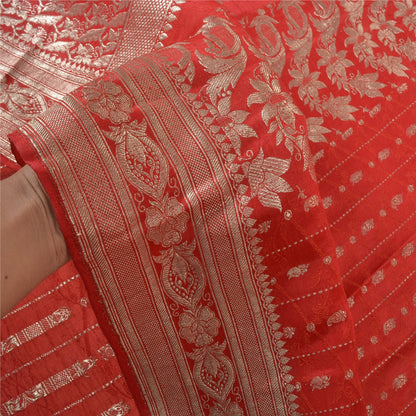 Sanskriti Vintage Red Sarees Pure Satin Zari Woven Brocade Banarasi Sari Fabric
