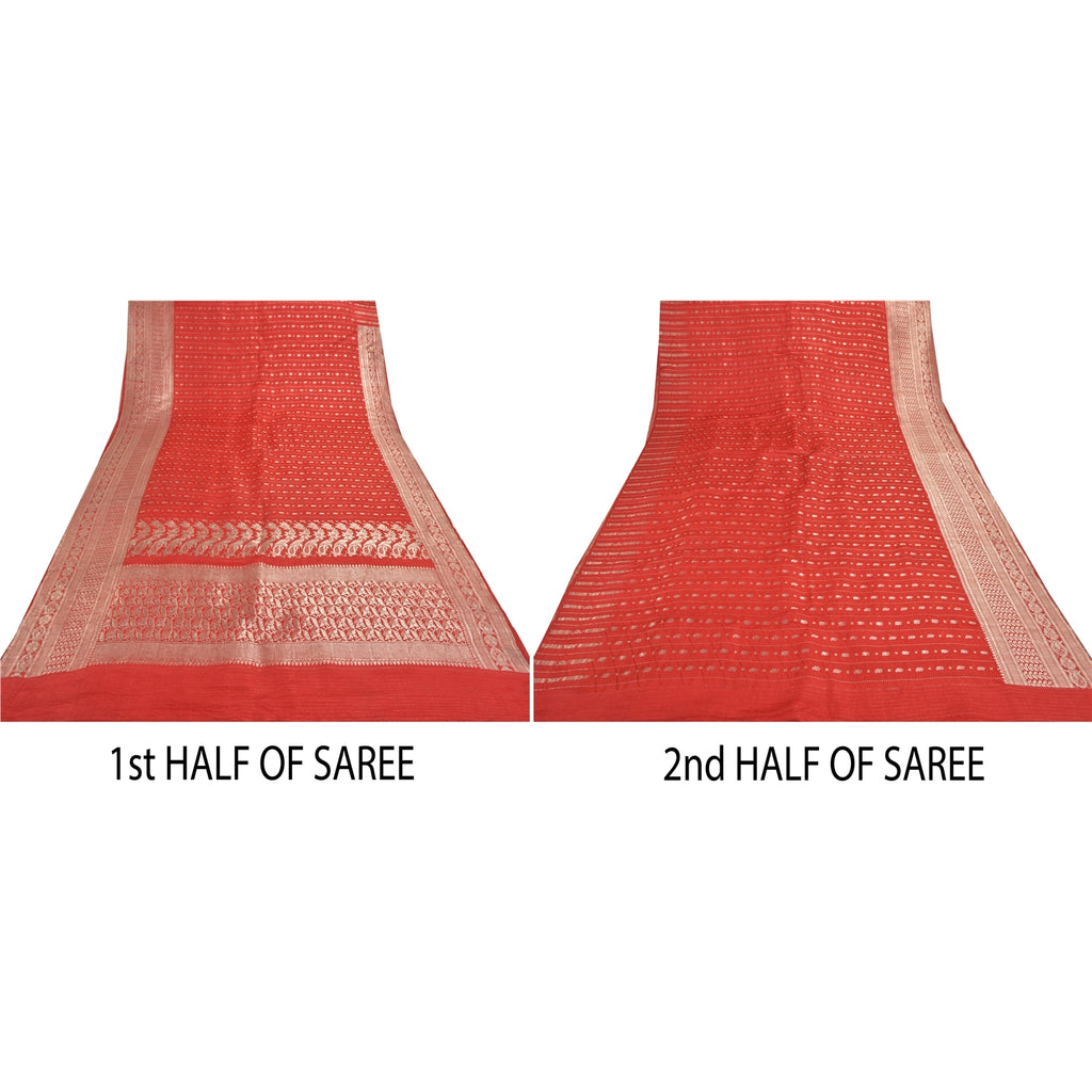 Sanskriti Vintage Red Sarees Pure Satin Zari Woven Brocade Banarasi Sari Fabric